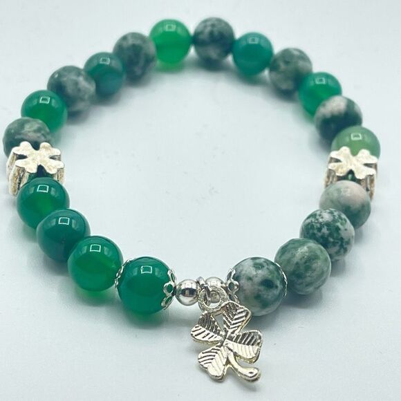 Lucky charm green aventurine tree agate beaded stretch bracelet ONE NEW Irish fo - Picture 6 of 8